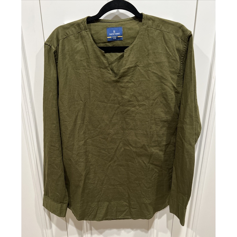 Bene‎ Kleed Cotton Linen Tunic Top Size Large Olive Green Minimalist Lagenlook